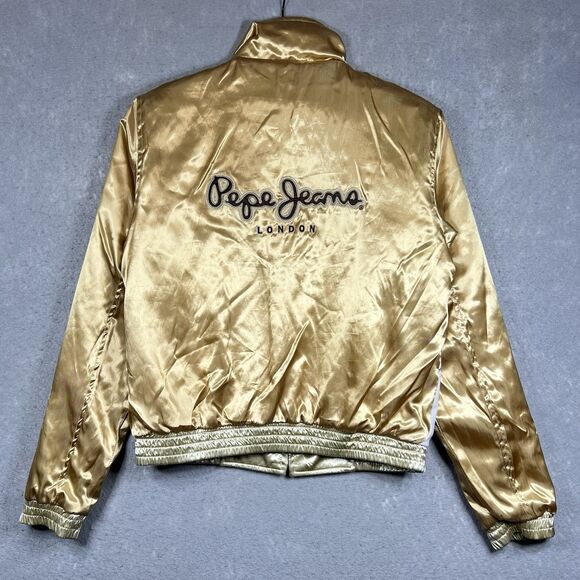 VTG Pepe Jeans London Bomber Varsity Jacket Reversible Gold Satin Women’s LARGE - Picture 13 of 15